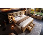 Lit en bois massif 160x200 cm rangement t�te avec led et usb - c tiroirs cadre bois avec lattes ch�ne ...