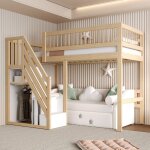 Lit en bois massif 90x200cm - lit enfant escalier avec armoire de rangement lit simple couleur bois - ...
