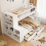 Lit superpos� cabane 140x200 + 90x200 en pin blanc avec tiroirs escalier et panneau ardoise - sans matelas ...