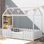 Lit cabane 90x200 cm lit enfant avec barriere house bed polyvalent en bois pour garons et filles avec ...