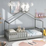 Lit cabane 90x200 cm lit enfant en bois massif avec barreaux et sommier � lattes lit cabane enfant gris ...
