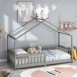 Lit cabane 90x200 cm lit enfant en bois massif avec barreaux et sommier  lattes lit cabane enfant gris ...