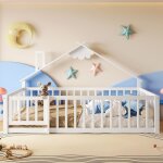 Lit cabane double 140x190 cm lit plat lit enfant en bois avec barri�re de s�curit� toit chemin�e porte ...