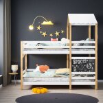 Lit cabane Éducatif enfant avec tableau noir - lit simple 90x200 cm sécurisé - bois massif blanc / chêne ... Lit cabane Éducatif enfant avec tableau noir - lit simple 90x200 cm sécurisé - bois massif blanc / chêne ...