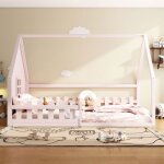 Lit cabane pour enfant 140 x 200 cm avec barrières de sécurité et sommier à lattes en pin rose matelas ... Lit cabane pour enfant 140 x 200 cm avec barrières de sécurité et sommier à lattes en pin rose matelas ...