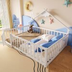 Lit cabane enfant 140x190 cm lit plat lit double en bois avec barrire de scurit toit chemine et sommier ...