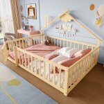 Lit cabane enfant 140x190 cm lit plat lit double bois forme maison avec toit chemin�e barri�re et sommier ...