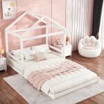 Lit cabane enfant 140x200 avec barrire pour garon fille en forme de maison avec sommier  lattes blanc ...