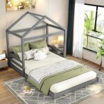 Lit cabane enfant 140x200 avec barrire pour garon fille en forme de maison avec sommier  lattes gris ...