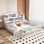 Lit cabane enfant 140x200 cm lit double 2 personnes avec tagres et rangements avec garde - corps blanc ...