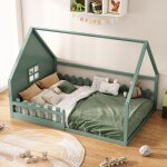 Lit cabane enfant 140x200 cm kodise en pin vert avec barri�res de s�curit� et sommier � lattes (sans ...
