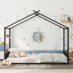 Lit cabane enfant 140x200 cm lit plat lit à cadre en fer lit denfant barre de maison noir Lit cabane enfant 140x200 cm lit plat lit à cadre en fer lit denfant barre de maison noir