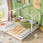 Lit cabane enfant 90 / 180x190cm bois massif blanc - convertible lit sol + sommier lattes - fille / garon ...