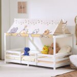 Lit cabane enfant 90 x 200 cm - alightup - avec baldaquin en tissu sommier et barrires pin blanc(sans ...