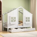 Lit cabane enfant 90x200 cm blanc avec sommier et barrires lit enfant avec 2 tiroirs bois massif protection ...