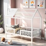 Lit cabane enfant 90x200 cm en bois massif avec clôture et sommier à lattes avec protection contre les ... Lit cabane enfant 90x200 cm en bois massif avec clôture et sommier à lattes avec protection contre les ...