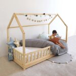 Lit cabane enfant 90 x 190 cm avec sommier et barri�res - kontarboor - pin - blanc.