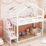 Lit cabane enfant 90x200 lit mezzanine superpos bas avec escalier scuris et rangement cadre en bois ...