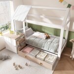 Lit cabane enfant 90x200 structure bois massif lit enfant rangement intgr table de nuit amovible scurit ...