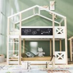 Lit cabane superpos� enfant 2 places 90x200 cm ? 2 sommiers � lattes pin naturel et blanc