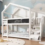 Lit cabane pour enfants 90x200cm lit superpos� enfant 2 places avec rangement et protection contre les ...