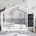 Lit cabane enfant 90x200cm avec tableau noir et 2 tiroirs - toit en pente design - s�curit� 3 c�t�s - ...
