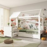 Lit cabane lit enfant 90x200en bois massif avec tiroirs et table de chevet amovible - lit au sol sommier ...