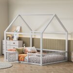 Lit cabane enfant blanc 140x200 en bois massif avec porte et barri�res sommier inclus sans matelas