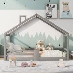 Lit cabane lit enfant lit en bois massif 90 x 200 cm style maison avec  lattes et barrires - gris