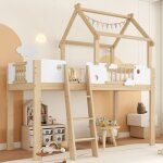 Lit cabane enfant - merax - 90x200 - blanc / naturel - �chelle incluse - barri�res de s�curit�