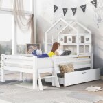 Lit cabane mi - hauteur enfant 90x200 blanc en pin massif avec tiroir sommier et barri�res de s�curit� ...