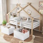 Lit cabane moderne blanc / naturel - escalier bas - 2 grands casiers roulants - pin fsc - 90x200cm - ...