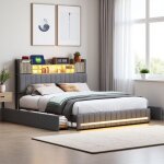 Lit capitonne 140�190 avec �clairage led (t�te et pied) et 4 tiroirs - prise port usb et type - c - lit ...