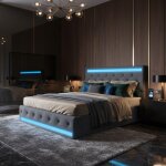 Lit capitonn 140 x 190 cm avec 4 tiroirs lit double avec led et usb / c tte de lit rglable en hauteur ...