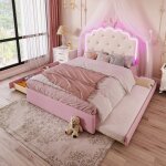 Lit capitonné 140 x 200 cm lit double lit fille avec led lit gigogne 2 tiroirs - rose Lit capitonné 140 x 200 cm lit double lit fille avec led lit gigogne 2 tiroirs - rose