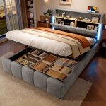 Lit capitonn� 140 x 200 cm - luonians - lit coffre hydraulique avec t�te de lit - �clairage led et port ...