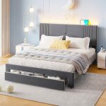 Lit capitonné 160 x 200 cm lit double avec éclairage led et prise usb dossier et tiroir convient aux ... Lit capitonné 160 x 200 cm lit double avec éclairage led et prise usb dossier et tiroir convient aux ...