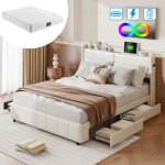 Lit capitonn� - luminarix - 160x200 cm - 4 tiroirs - t�te de lit avec usb - simili cuir blanc