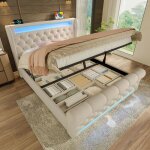 Lit coffre 160x200 beige sans matelas lit capitonn� en velours avec led usb - c t�te de lit rangement ...