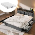 Lit capitonn� 160x200 avec t�te de lit r�glable 4 tiroirs et ports usb - c sommier en bois et matelas ...