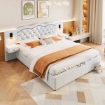 Lit capitonn� 180�200cm - t�te de lit int�gr�e avec table de chevet et lampe de chevet int�gr�es - grand ...