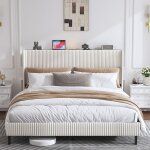 Lit - lit capitonn� article combin� - 180 x 200 cm - velours c�tel� beige - sommier m�tallique � lattes ...