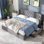 Lit capitonn 180x200 cm - sommier  lattes - 4 tiroirs de rangement - velours - gris