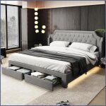 Lit capitonn� 180x200 cm - sommier � lattes �clairage led 2 tiroirs linge - gris