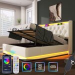 Lit coffre 180x200 blanc sans matelas lit capitonn� en pu avec led 360� usb - c t�te de lit rangement ...