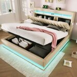 Lit coffre 180x200 beige sans matelas lit capitonn� en tissu avec led usb - c t�te de lit rangement et ...