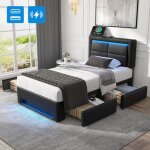 Lit 90x190 cm capitonn� simili cuir noir avec led port usb et 4 tiroirs (sans matelas)