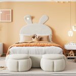 Lit capitonn� 90x200 design lapin lumineux lit une personne rev�tement velours beige tabourets de rangement ...