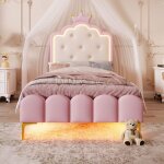 Lit capitonn� 90x200 design princesse lit une personne sommier inclus led multicolore rev�tement cuir ...