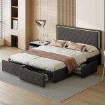 Lit capitonné - ambiance - 160 x 200 cm - Éclairage led - cadre de lit avec 4 tiroirs - avec tête de ... Lit capitonné - ambiance - 160 x 200 cm - Éclairage led - cadre de lit avec 4 tiroirs - avec tête de ...